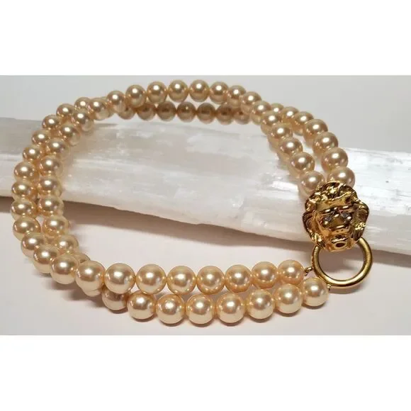 VTG KJL Avon Necklace Lion Head Clasp Faux Pearl 80's Kenneth J. Lane Signed - Picture 2 of 12